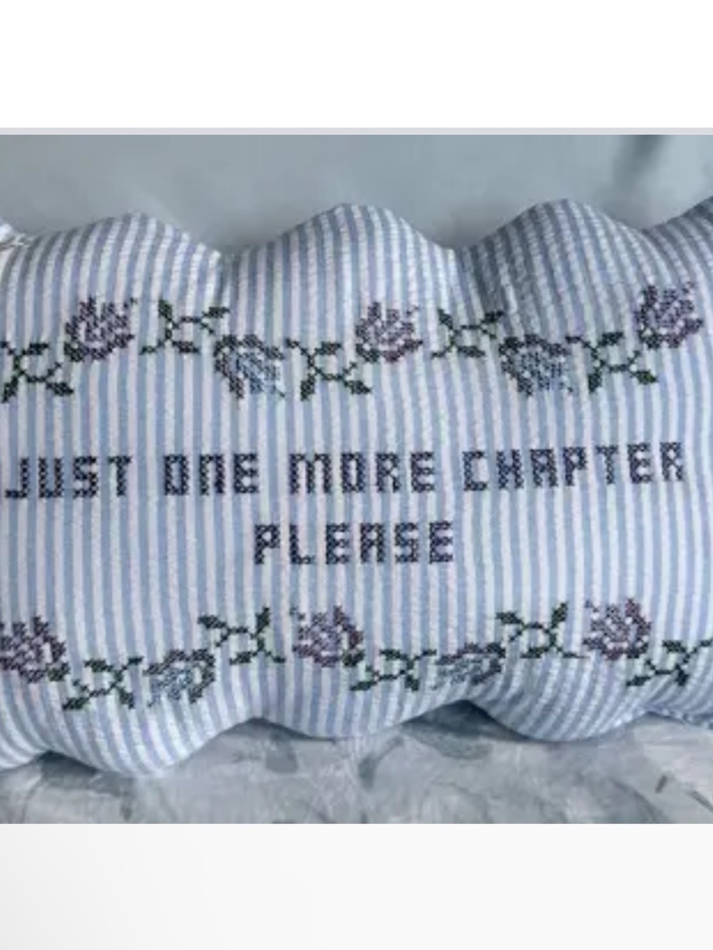 Embroidered 'Just One More Chapter Please' Decorative Pillow - Blue Stripe
